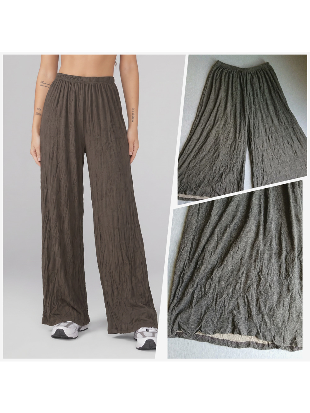 COMFY USA‎ Wide Leg PANTS M w 30" inseam Gray Crinkle Tissue Wrinkle Lagenlook